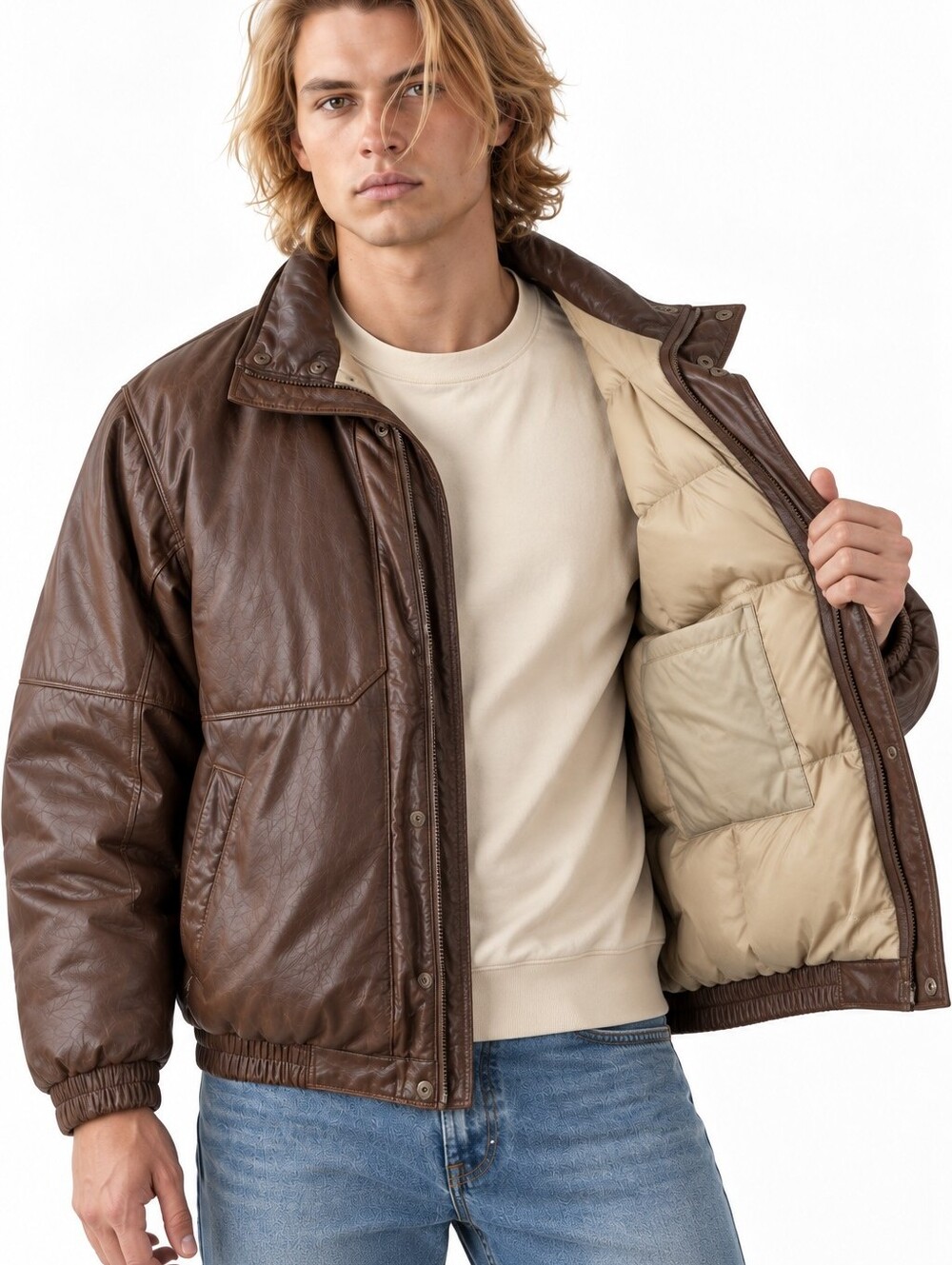 Eddie Bauer Y2K Leather Goose Down Puffer Bomber Jacket Brown XL Tall
